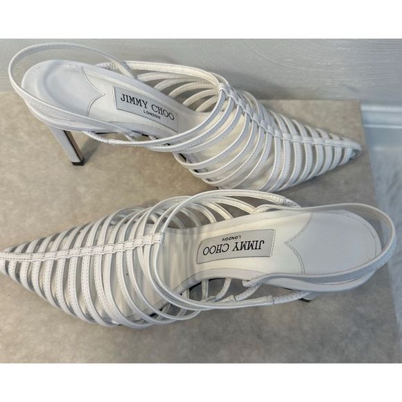 Jimmy Choo Thu 85 White Nappa Leather Sling Back Heels with Horizontal Straps - Picture 11 of 16
